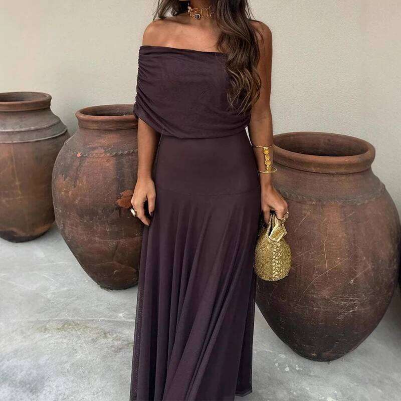 Sexy Sleeveless Commuter Fashion Hight Waist Strapless Slim Long Women Elegant Mesh Splicing Solid Color Party Dress C260312
