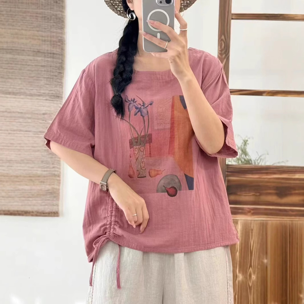Summer New Double-layer Cotton Gauze Round Designer Hoodie Neck Printed Short Sleeve Women Loose Designer Shirt Fit Plus Size Versatile Polo Shirt Dra