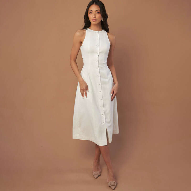 2025 Spring European and American Cross-Border Trade New Solid Color Sleeveless Round Neck Multi-Button Tie Casual Dress