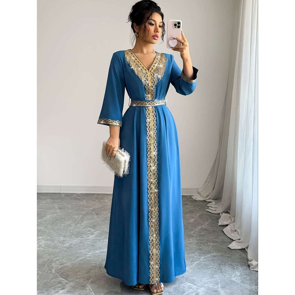 New Middle Eastern cross-border foreign trade Muslim robe, three-quarter sleeve women's lace tassel dress, elegant and feminine