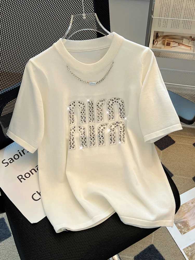 2026 Plus Size Hot Drilling Chain Loose T-shirt Women Summer New Korean Style Elegant Casual Trendy Short Sleeve Top Base ShirtT260312