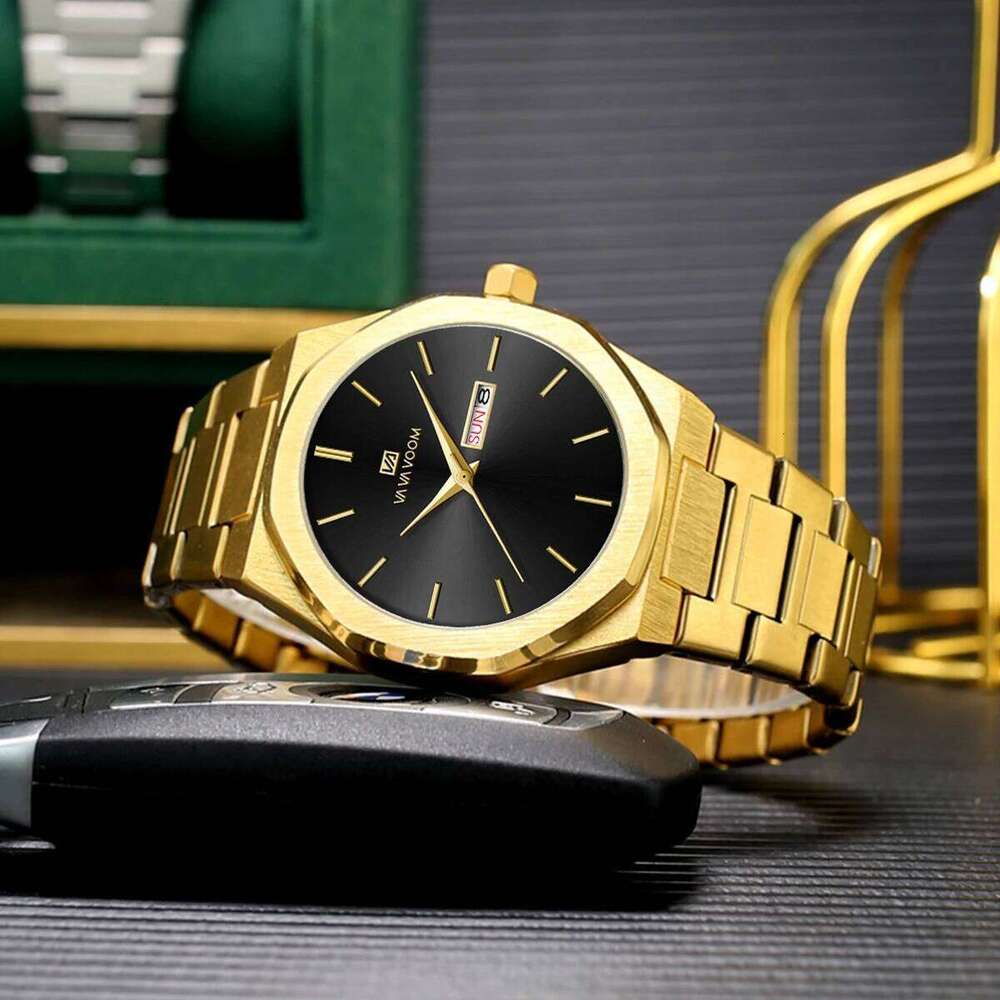 Blue Gold Stainless Steel Octagonal Fashion Business Style Double Calendar Quartz Movement Sports Watch for Men