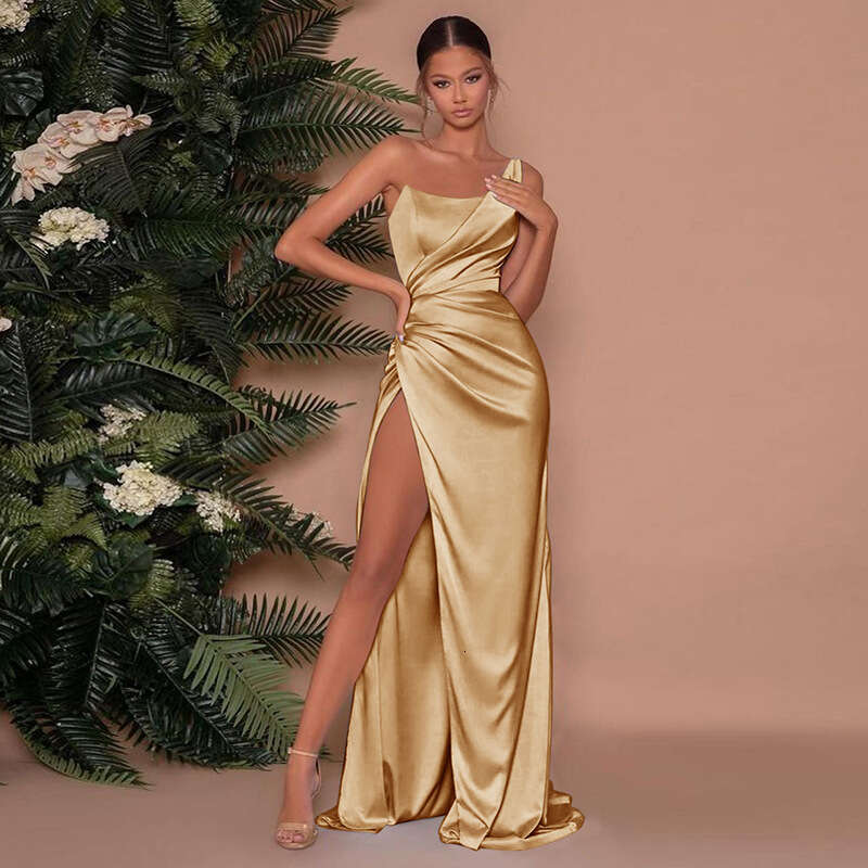 European and American Cross-Border Spring New Sexy Elegant One-Shoulder Fishbone Side Slit Gown Satin Long Dress Wholesale