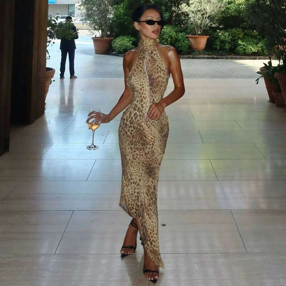 Cryptographic Fashion Halter Leopard Sexy Backless Maxi Dress Women Club Outfits Bandage Embellished Long Dresses Robe Clothes C260312