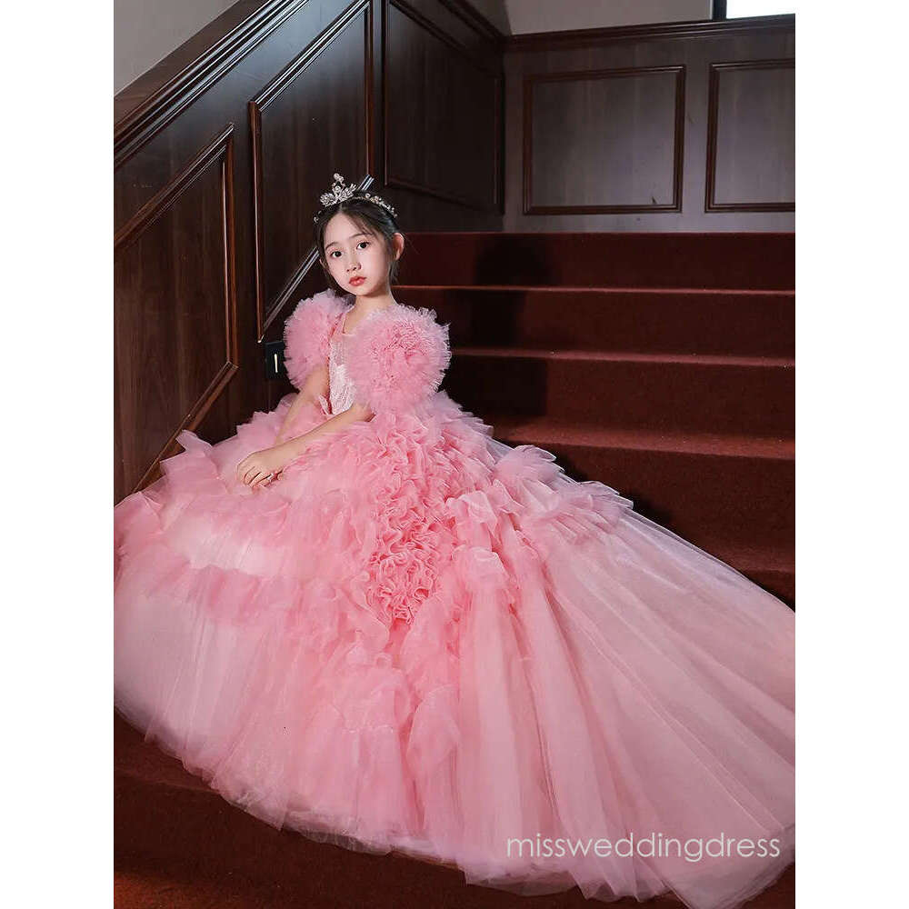 Tulle Ball Gown Toddler Flower Girl Layered Ruffles Piping Shiny Little Glitz Girls Pageant Teens Princess Dresses Organza Birthday Party Dress M04
