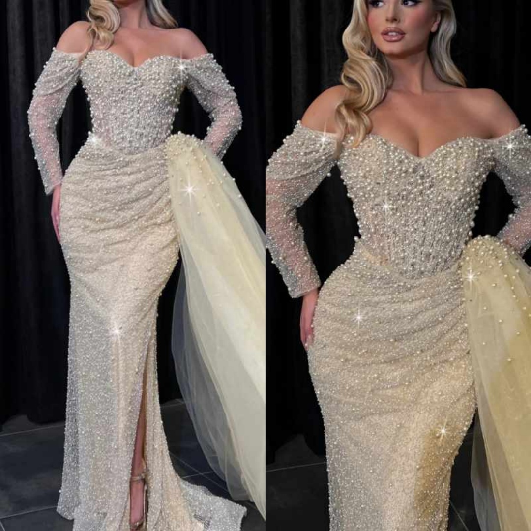 Elegant Evening Dresses Mermaid Strapless Off Shoulder Pearls Sequins Backless Party Dress Dresses Celebrity Prom Gown Customized Vestido De Novia