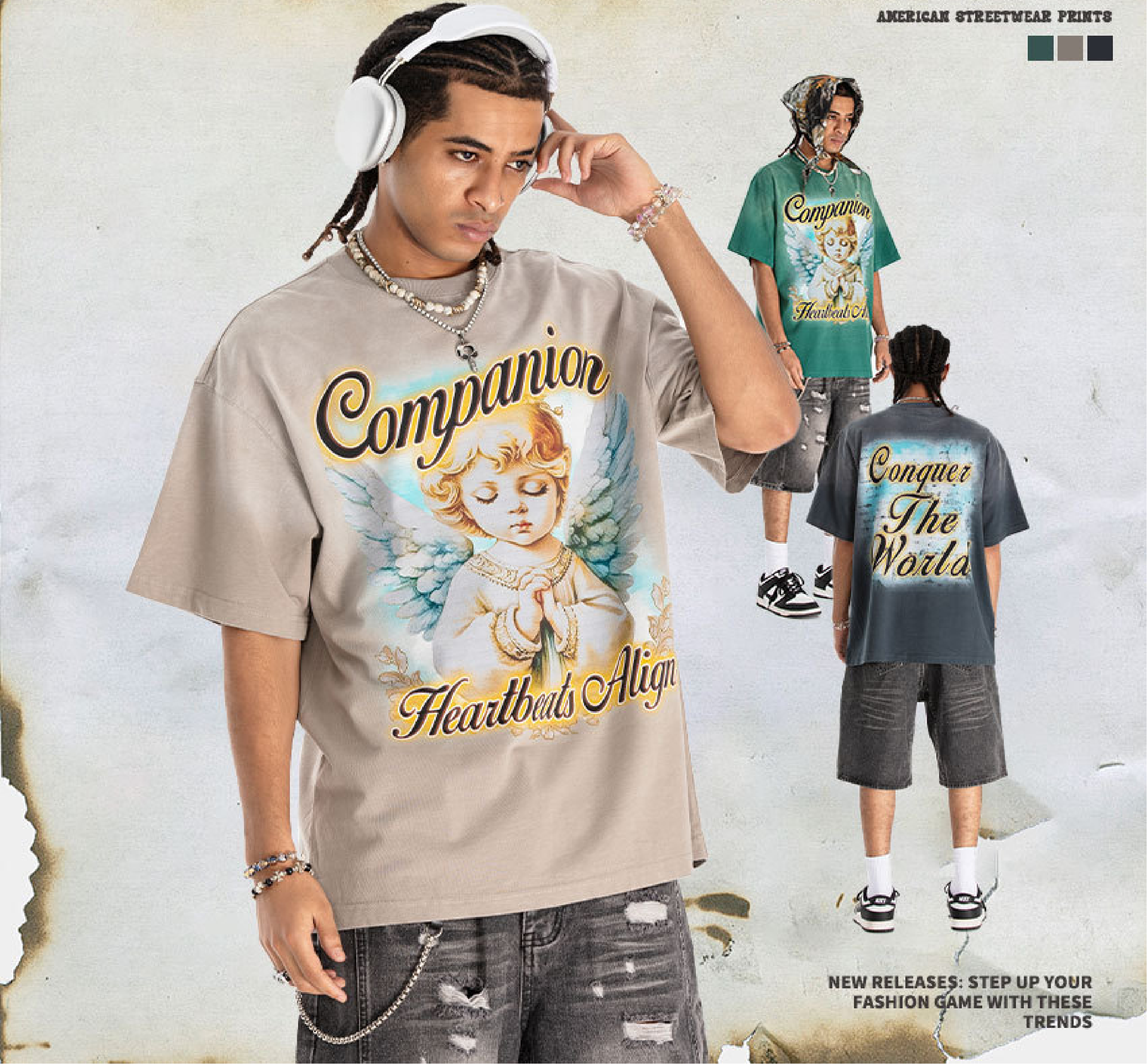 American streetwear brand distressed washed English prayer-themed angel child print T-shirt