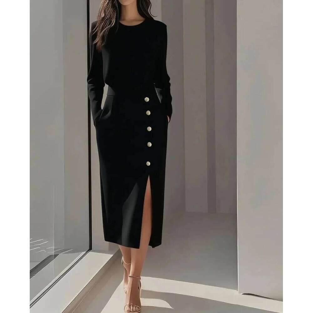 Women's Solid Color Long Sleeves Elegant Midi Dress with Button Details and Side Slit - Crew Neck C260312