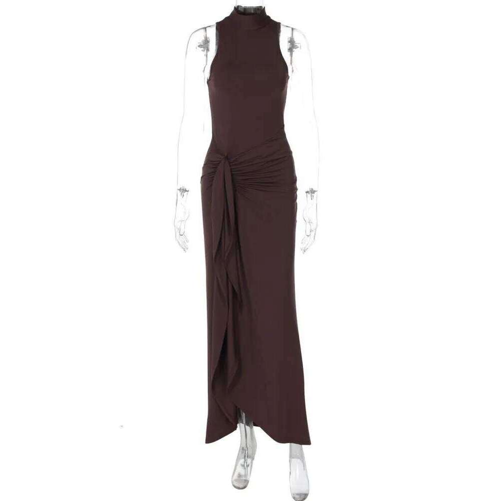 Mozision Elegant Draped Ruched Sexy Maxi For Women Fashion O Neck Sleeveless Thigh High Split Club Party Long Dress Female C260312