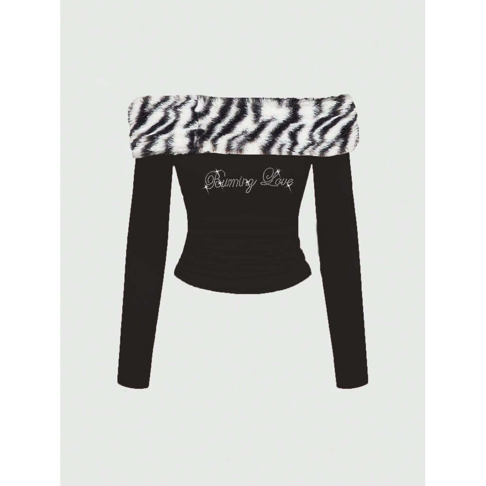 European American cross-border sweet and spicy design slim-fit tight plush leopard print patchwork cropped top for hot girls