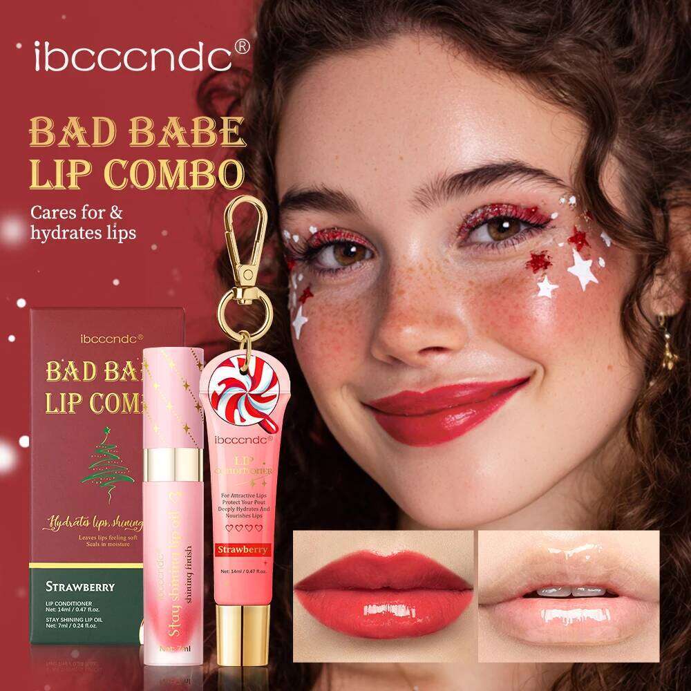 2pcs Bad Girl Glossy Set Strawberry Balm and Lip Gloss Combo Long-Lasting Hydrating Plump Lips Christmas W260311