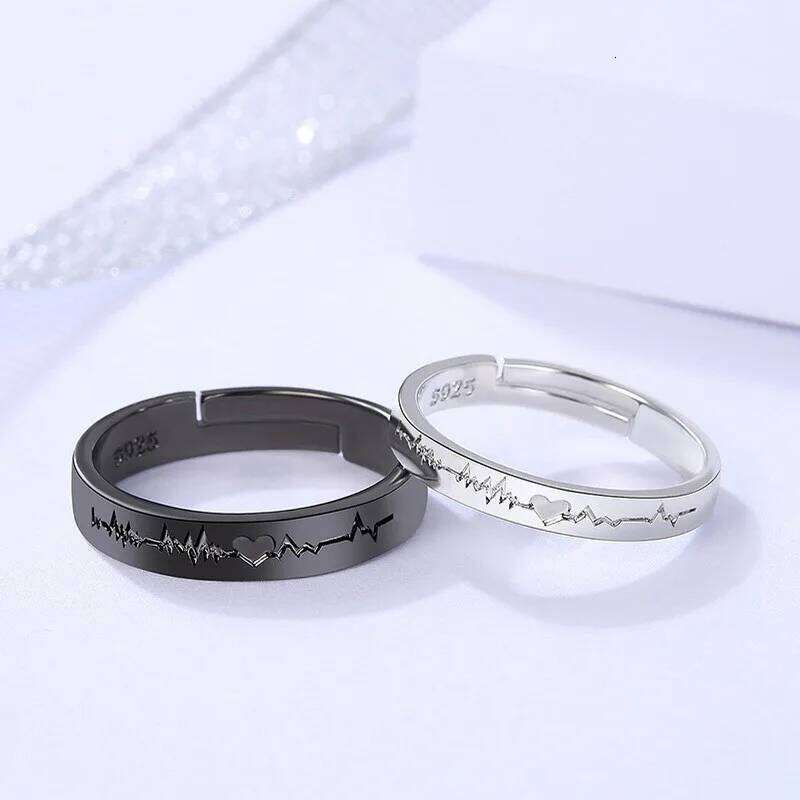 2Pcs Love Heart Electrocardiogram Couple Open Rings For Women Men Lover Black Silver Color Engagement Wedding Valentine'Day Gift W260312