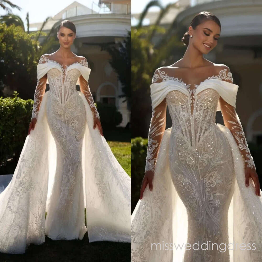 Fashion Wedding Dresses O Neck Sequins Bridal Gowns with Overskirts Appliques Long Sleeves Mermaid Customized Vestidos De Novia Plus Size