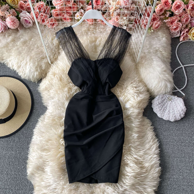 2026 New Crossover Fashion Elegant a21 Social Celebrity Style Sexy Mesh Off Shoulder Slimming Dress Suitable for Daily Wearing