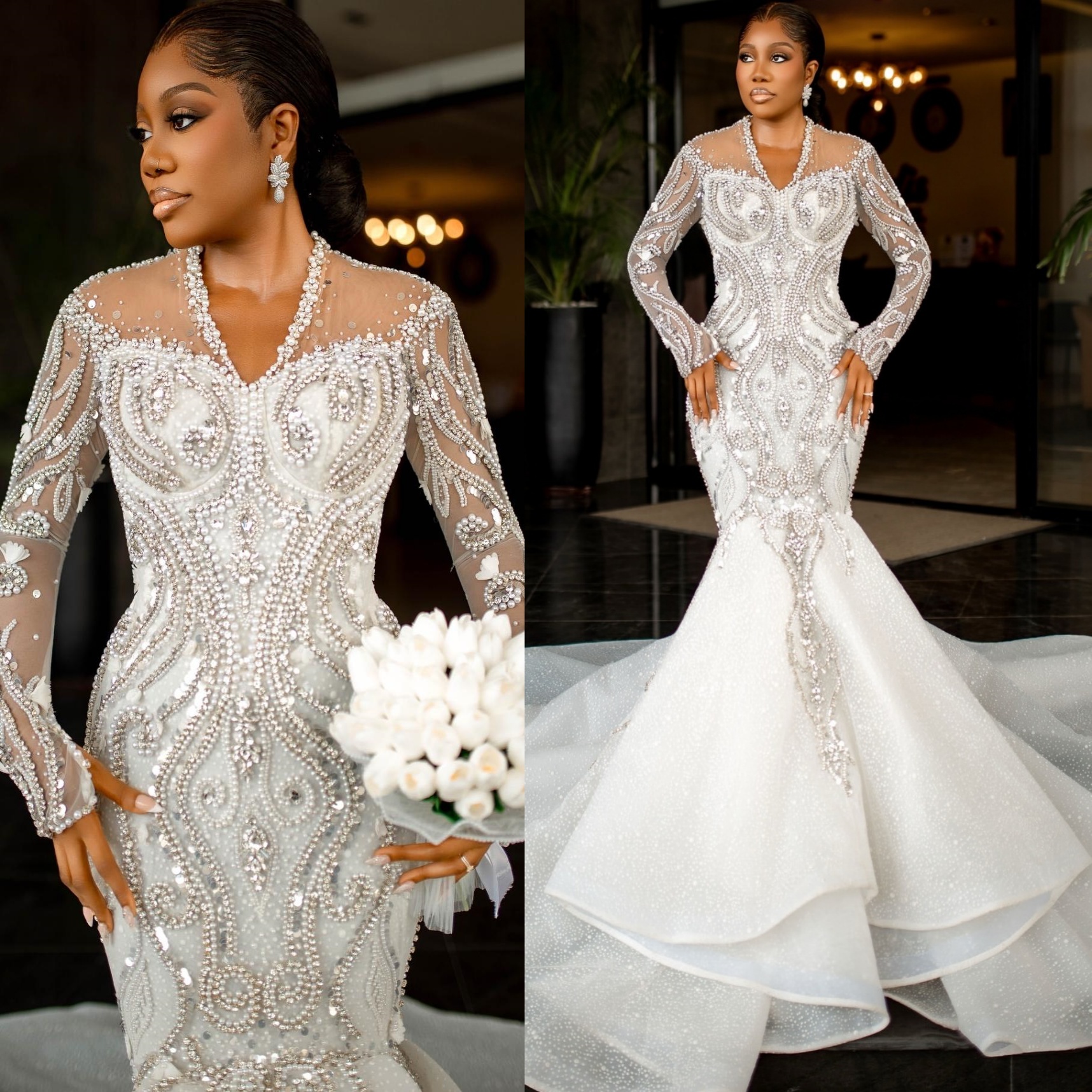 African Aso Ebi 2026 Ivory Mermaid Wedding Dress Crystals V-neck Full Sleeves Pearls Sequined Lace Luxurious Sparkly Bridal Gowns Dresses ZJ2387