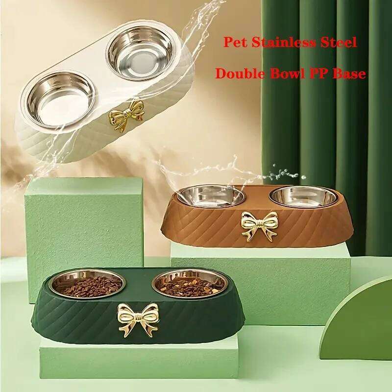 PP Base Bow-tie Bowknot Cat Feeder Stainless Steel Double Bowl Dog Food Feeding Drinking Container Pet Supplie 26Y0312