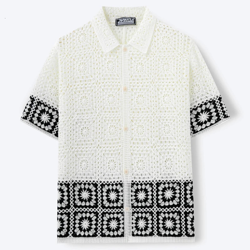Retro Mens Summer Crochet Short Sleeve Shirts Fashion Hollow Out Knitted Polo Shirts High Quality Jacquard Cardigan Tops SY0069 260311