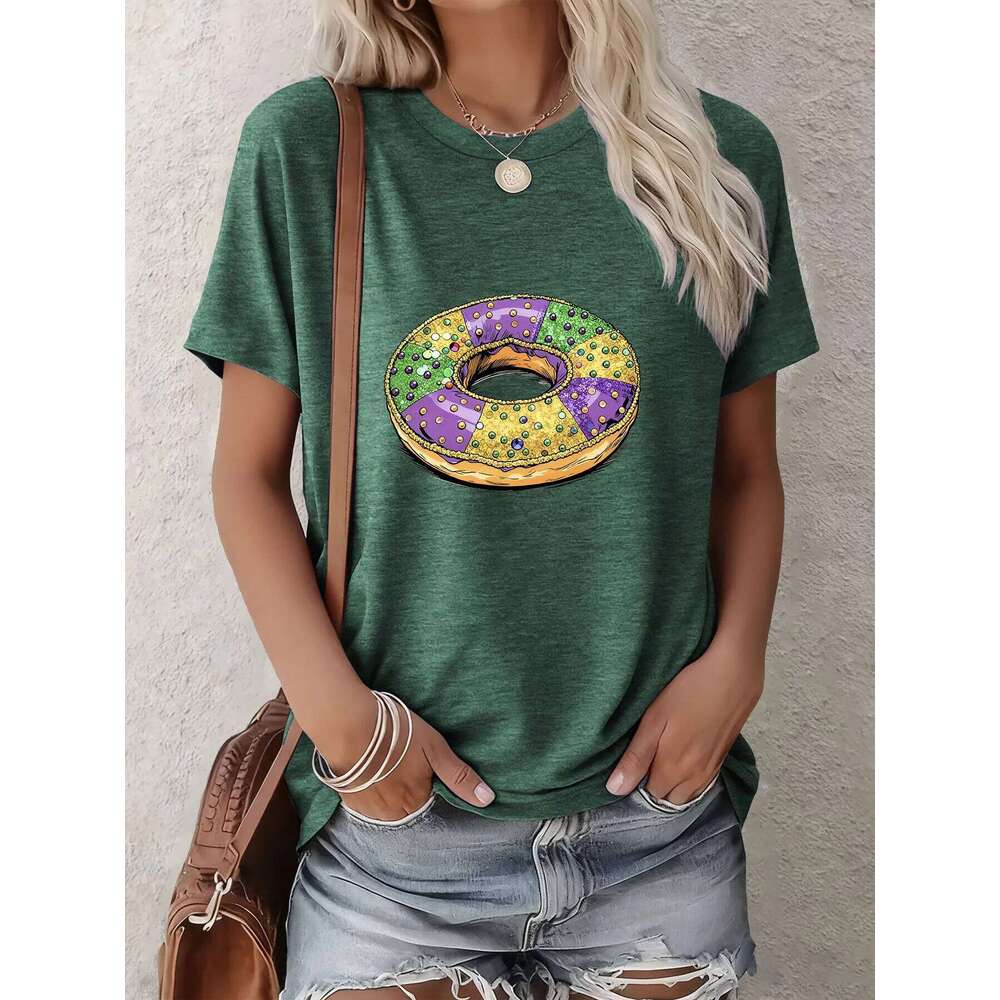 Women's Mardi Gras Short-Sleeve Tee Cartoon Carnival Food Prints For Casual Outings/Gatherings/Gifts | Multi-Color Options Z260312