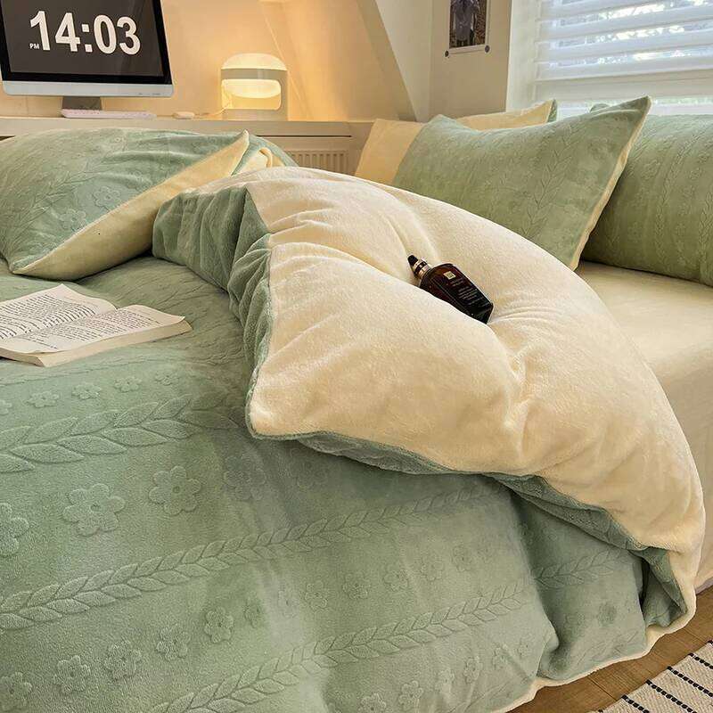 Milk Fleece Winter Warm Duvet with Bed Sheet High-end Plush Warmth Bedding Set King Thicken Simple Blanket Cover Queen H260312