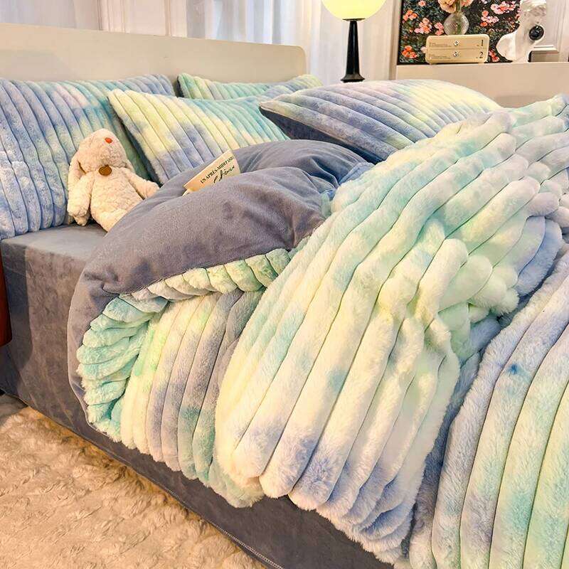 Warm Imitation Rabbit Fur Velvet Bedding Set,AB Side Duvet Cover,Flanne Plush Bed Sheet,Queen King Home Bedclothes Drop shipping H260312