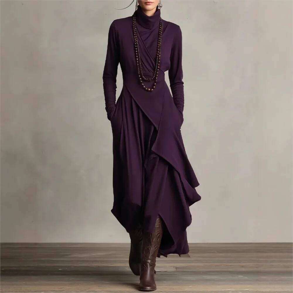 Irregular Solid Color Sleeve Spring Autumn Women's New Cross High Neck Long Dress Vestidos Para Ropa Mujer C260312