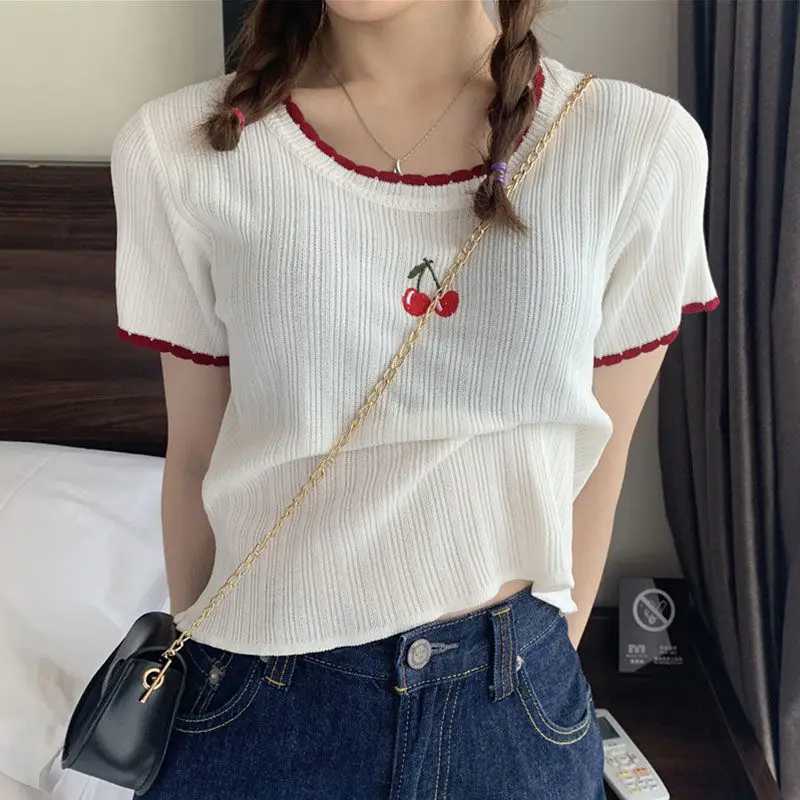 Women Summer Korean Fashion Embroidered Solid Color O-neck Women Clothes All-match Fashionable Slim Appear Thin Short Sleeve TopT260312