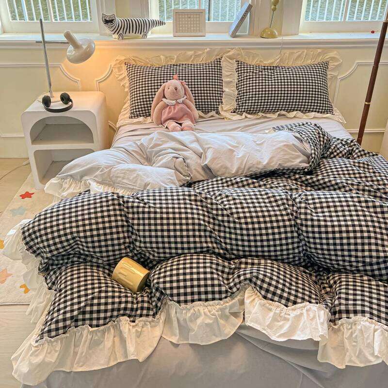 Korean Princess Bedding Set Soft Skin-friendly Ruffles Quilt Cover Plaid Style Duvet Covers Bed Sheet Pillowcases 3/4Pcs H260312