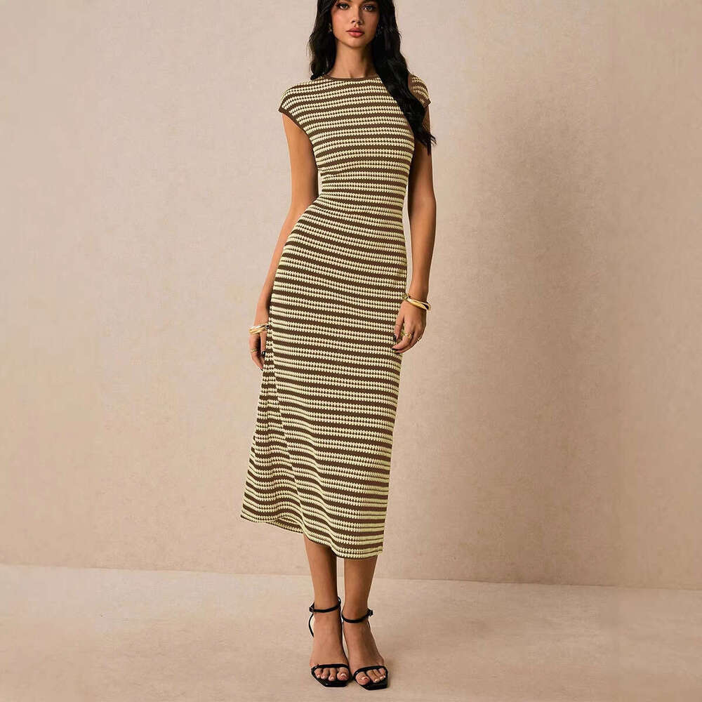 In-stock cross-border European and American striped knitted dress, Amazon foreign trade sleeveless slim-fit midi dress for women
