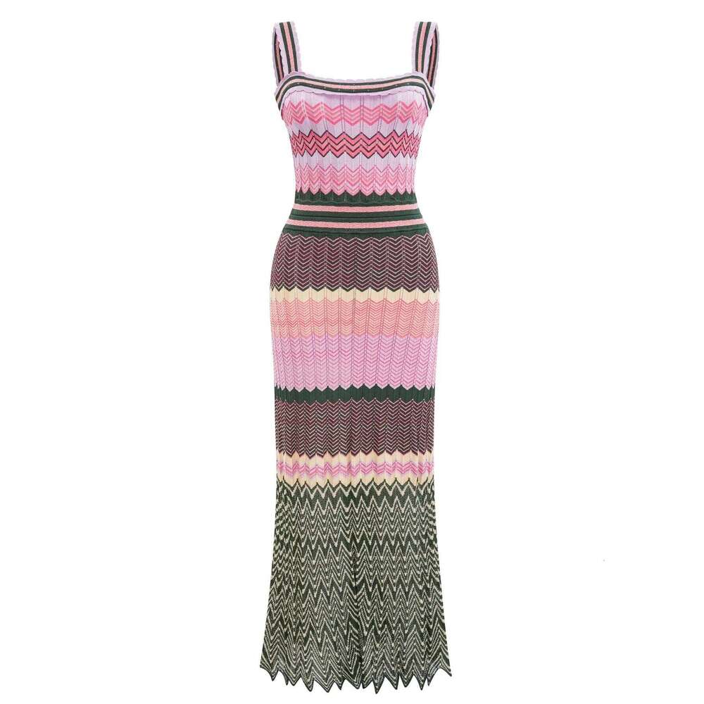 Popular Arab Pink Knit Zigzag Luxury Brand Design Dress For Woman High Quality Africa Bohemia Zig Zag Long Skirt Clothes C260312