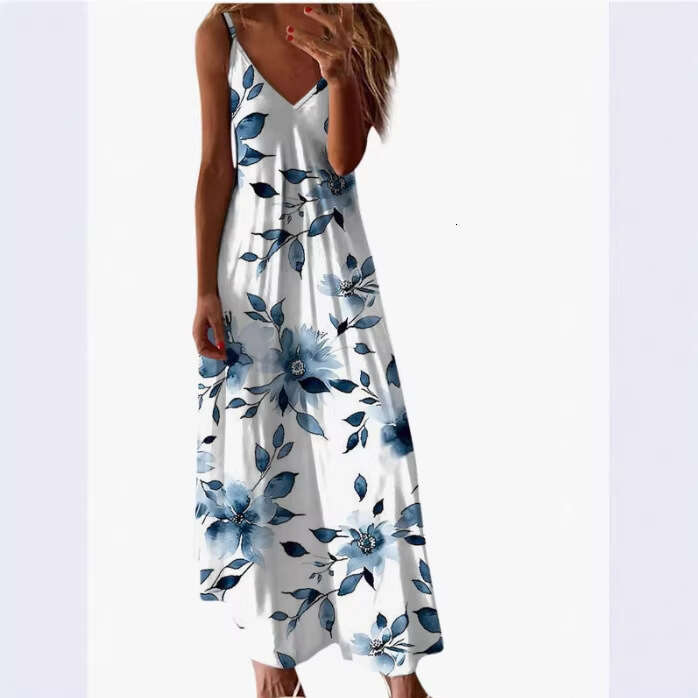 Cross-border European and American 3D digital print ocean-themed floral feather high-end women's pullover V-neck strap dress