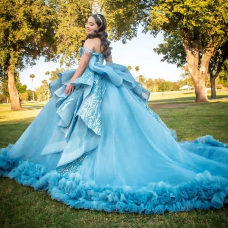 Blue Shiny Ball Gown Quinceanera Dresses 2026 Sequin Applique Lace Beading Crystal Tiered Tull Bow Corset Off Shoulder Sweet 16 Dress Years Vestidos D