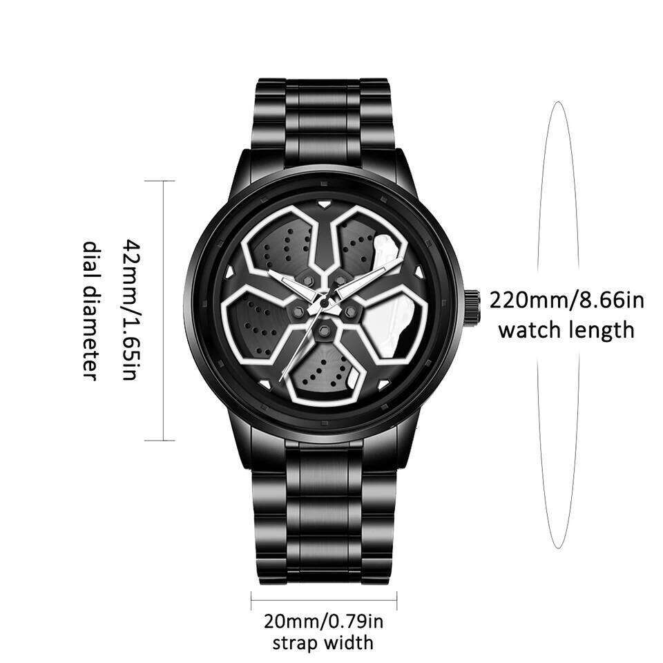 Original Wheel Rotating Watches Black Fashion Stainless Steel Strap Sports Man Clock 3Bar Quartz Movement Top Watch for Men