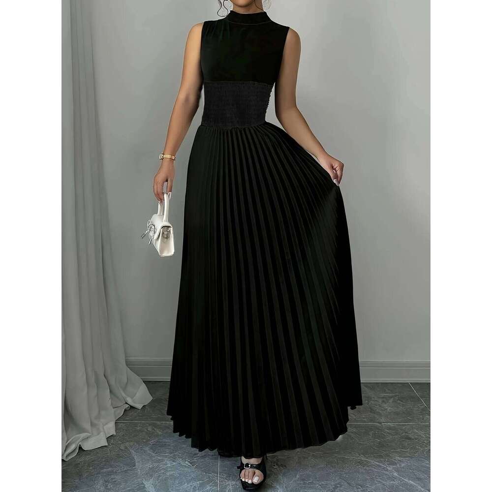 Women's Oversized Woven Casual Bohemian Maxi Summer A-Line Long Dress with Pockets Full Length Clothing Black C260311