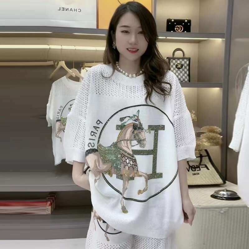 Rhinestone White T-Shirt For Women, European Fashion Mid-Length Short-Sleeve Spring-Summer Knitted Top