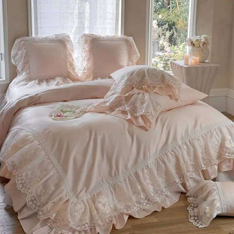 1200TC Egyptian Cotton Lace Ruffles Princess Wedding Style Pink Bedding Set Duvet Cover Flat/Fitted Bed Sheet Pillowcases 4Pcs H260312