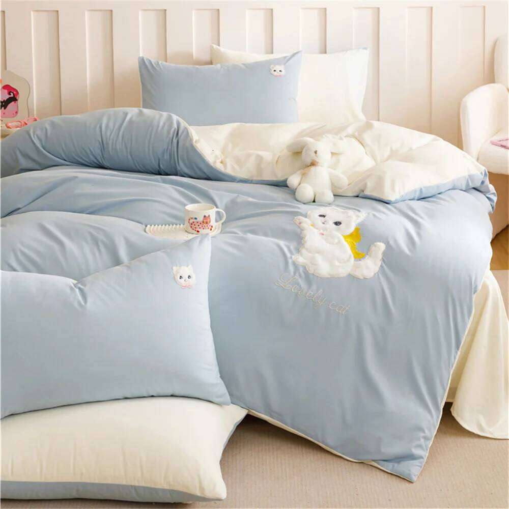2025 New Spring Washing Cotton Four-Piece Set - Butterfly Cat Duvet Cover Solid Color Queen Size For Girls Woman Home Textiles H260312