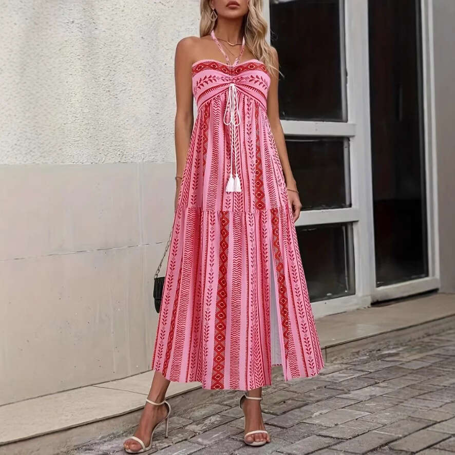 European and American Cross-Border Bohemian Women's Clothing Vacation Style Summer Fashion Slit Sexy Printed Tie Strap Tube Dress