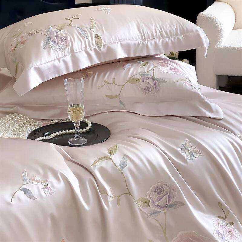 Pink Flowers Embroidery Brocade Egyptian Cotton Soft Silky Bedding Set Duvet Cover Flat/Fitted Bed Sheet Pillowcase 4Pcs H260312