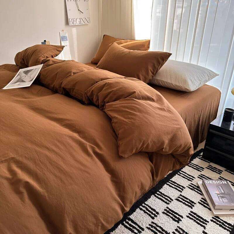 Bed Linen Solid Cotton Bedding Set with Sheet Duvet Cover Pillowcases Single Couple Bedsheet King Queen Double Twin Size H260312