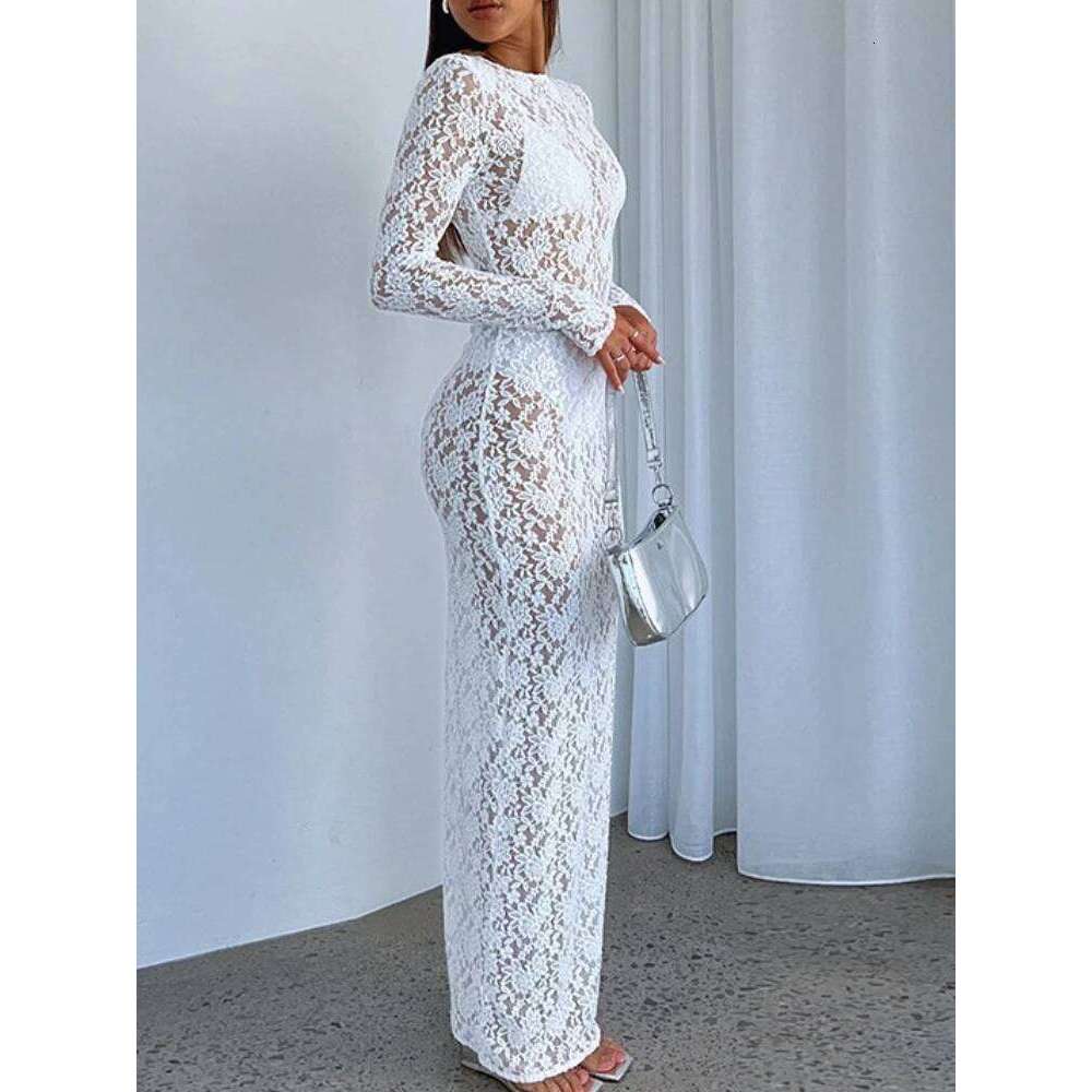 Sexy See-through Lace Flower Embroidery Slim Bodycon Women Long Sleeved Maxi Dress Evening Club Party Vestidos C260312