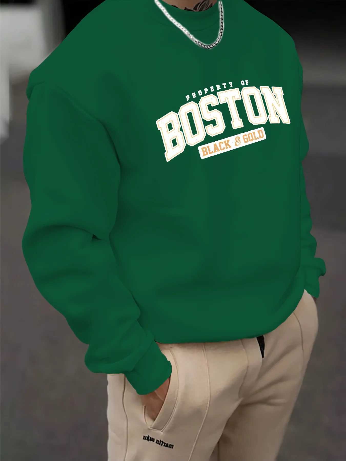 Mens autumn and winter fashionable casual loose Boston black golden letter graphic fleece long sleeved round neck sweatshirt M260312