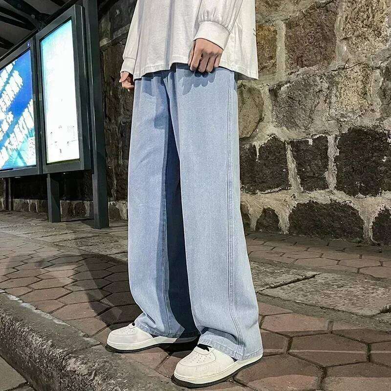 2025 New Streetwear Jeans Men Korean Style Fashion Loose Straight Wide Leg Pants Men's Brand Clothing Black Light Blue