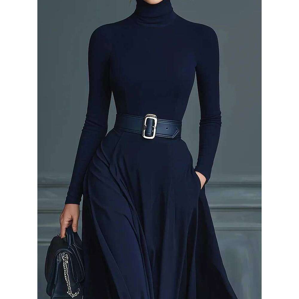 Long Sleeve Simple Holiday Party Women Autumn Turtleneck Elegant Maxi New Patchwork Slim Fit Ladies Dress Vestidos C260312