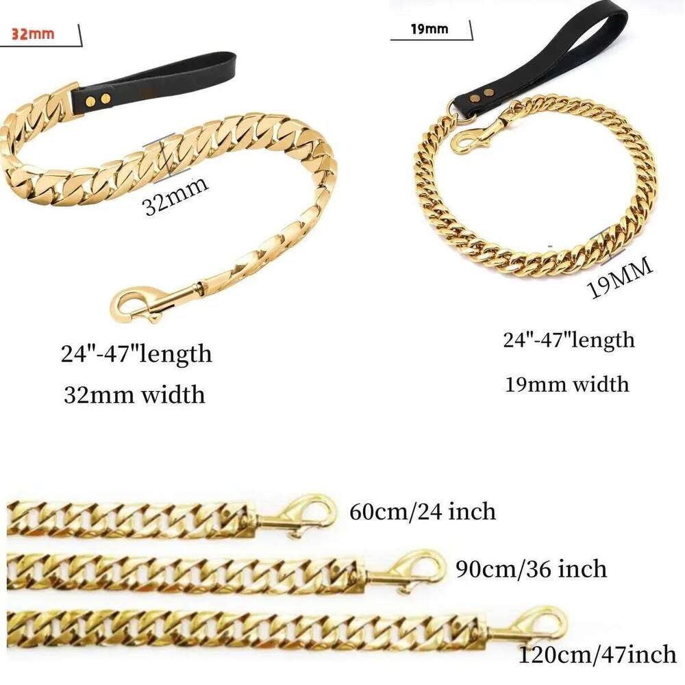 Traction Solid Super Strong Gold Stainles Steel Pet Lead Chain 32Mm 19Mm Bulldog Pitbull Large Dog Collar Leash Bamubi
