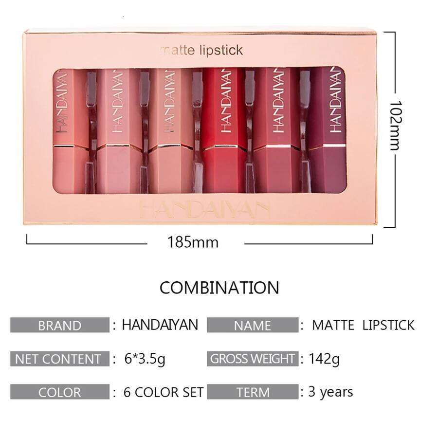 6 Colors Gold Bar Tube Matte Texture Pearlescent Glitter Velvet NonStick Cup Lipstick Valentine's Day Gift 6Pcs/Set W260311