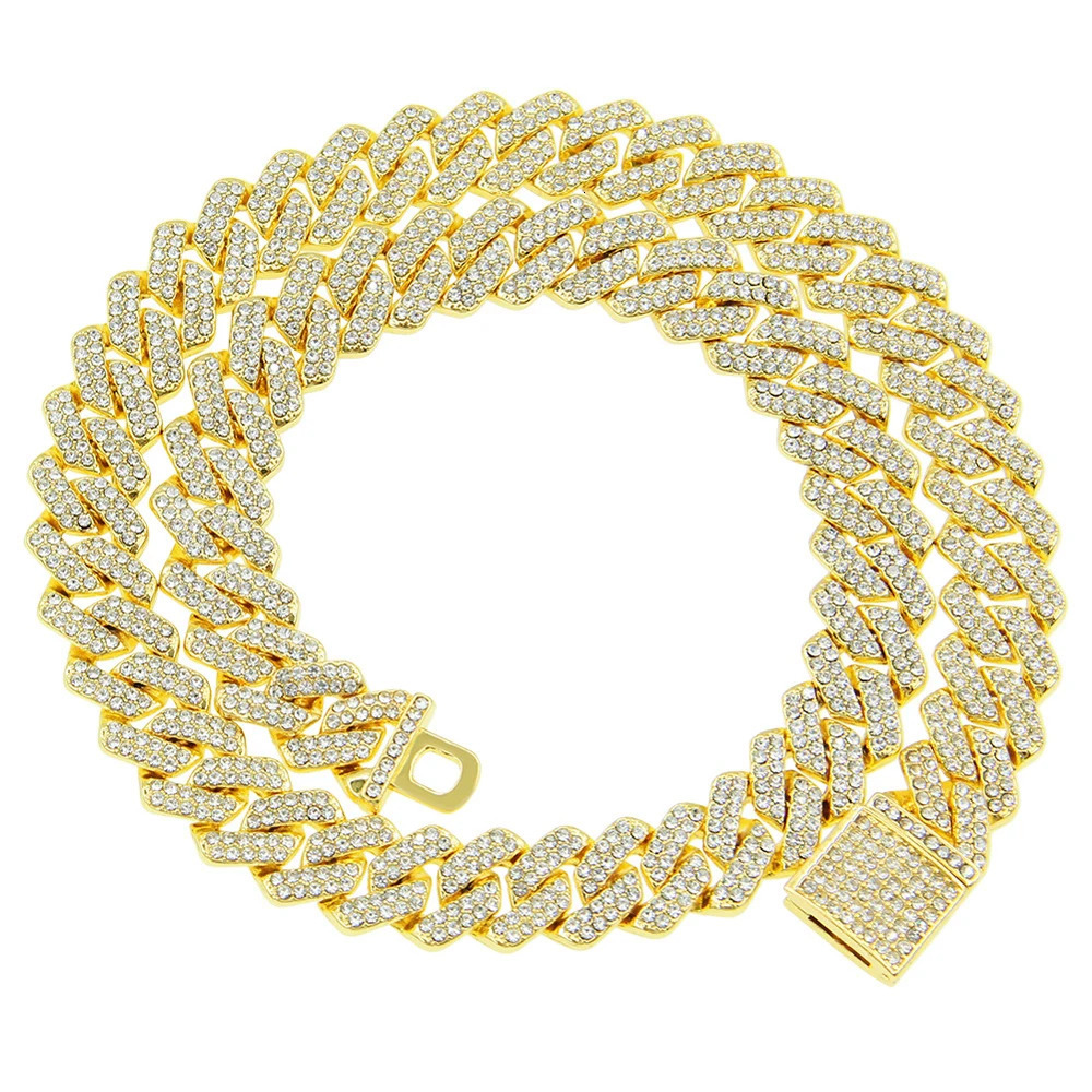 14mm Hip Hop Cuban Link Chain For Men Silver Color Iced Out Rhinestone Miami Necklace Choker for Women with Neck Chain Jewelry 260304