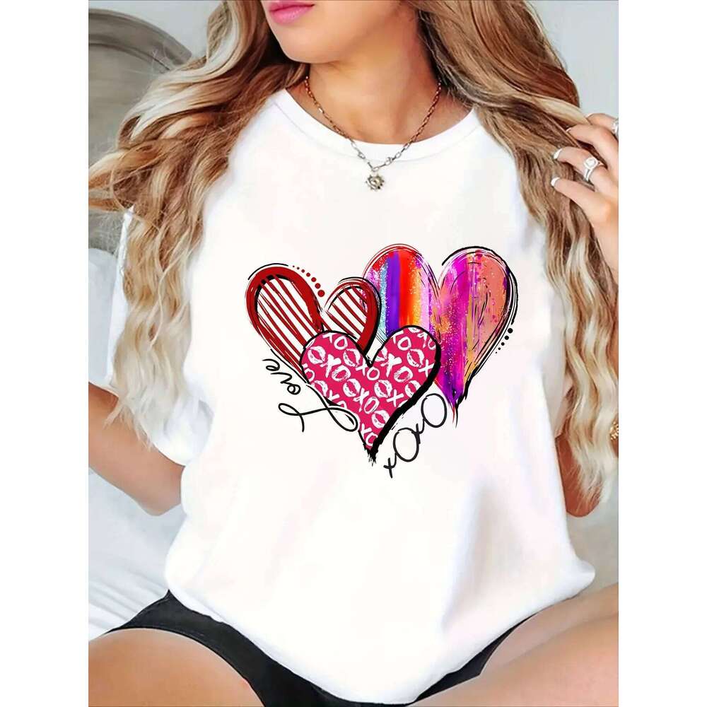 Valentine's Day Women's Short Sleeve T-shirt XOXO Love Hearts Graphic Print Crew Neck Casual Daily Top For Summer & Spring Z260312