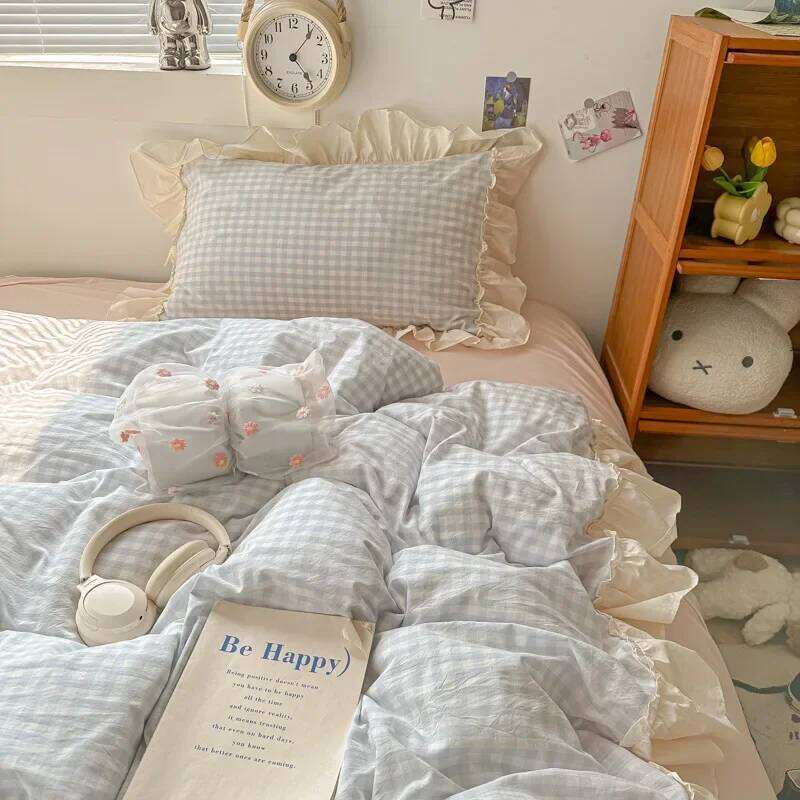 Korean Grid Printed Bedding Set with Lace Washed Cotton Skin Friendly Cozy Comforter Cover Sets Single Double Queen Bedclothes H260312