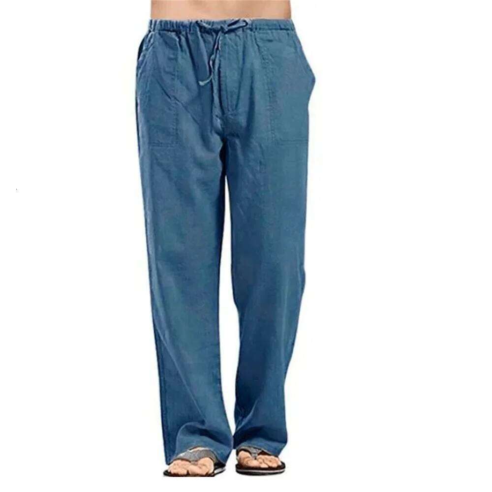 Men's Cotton Summer Solid Color Breathable Linen Trousers Male Casual Elastic Waist Fitness Pants