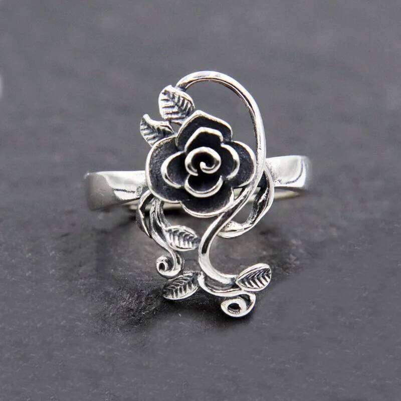 Buyee 925 Sterling Silver Couples rs Finger Rose Flower Open Ring for Women Men Fashion Gray Ethnic Fine Jewelry Circle H260312